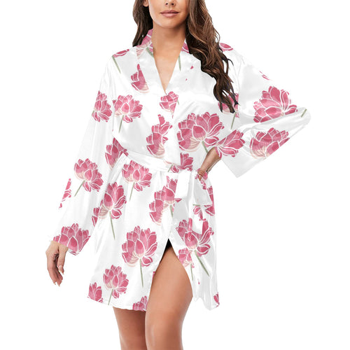 Pink lotus waterlily pattern Women's Long Sleeve Belted Night Robe