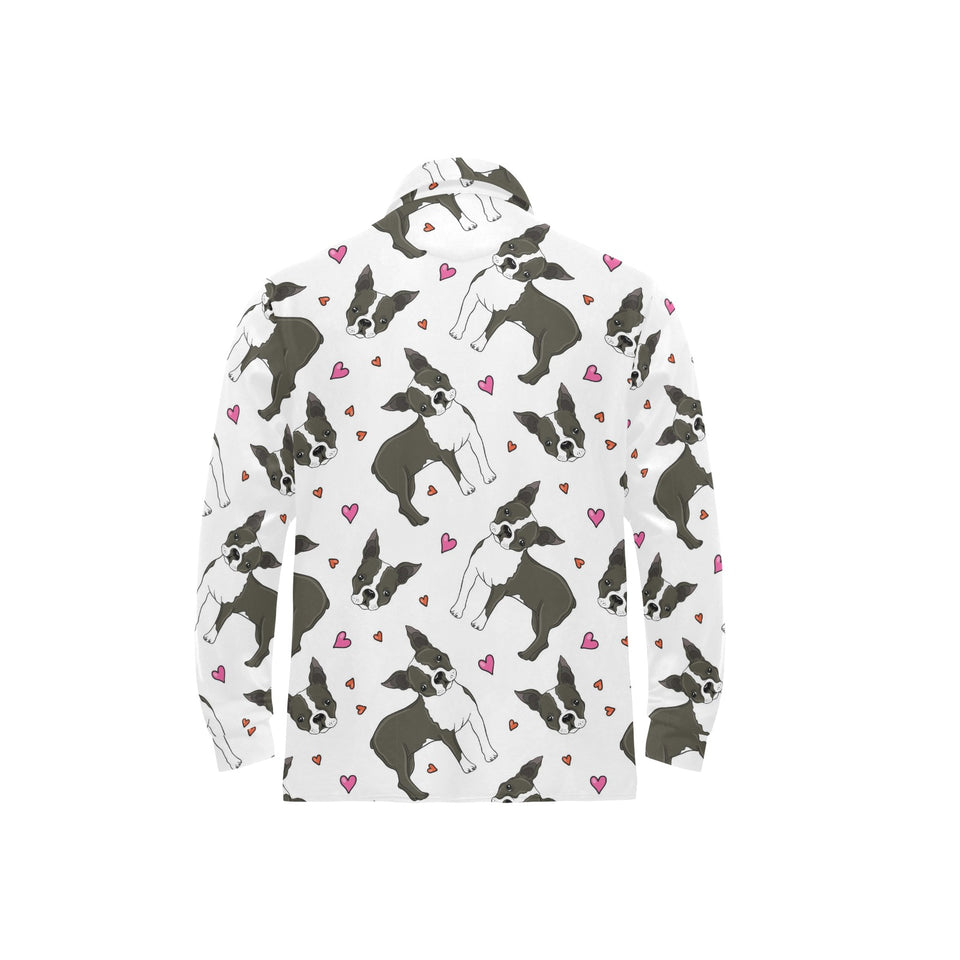 Boston terrier dog hearts vector pattern Men's Long Sleeve Polo Shirt