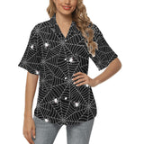 Spider web design pattern Black background white c Women's All Over Print Hawaiian Shirt