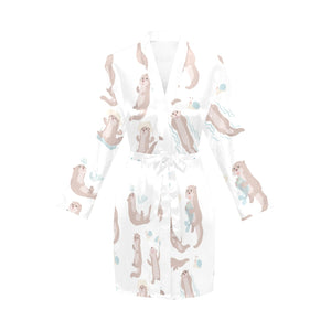 Cute sea otters pattern Women's Long Sleeve Belted Night Robe