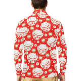Cute Maneki neko cat red background Men's Long Sleeve Polo Shirt