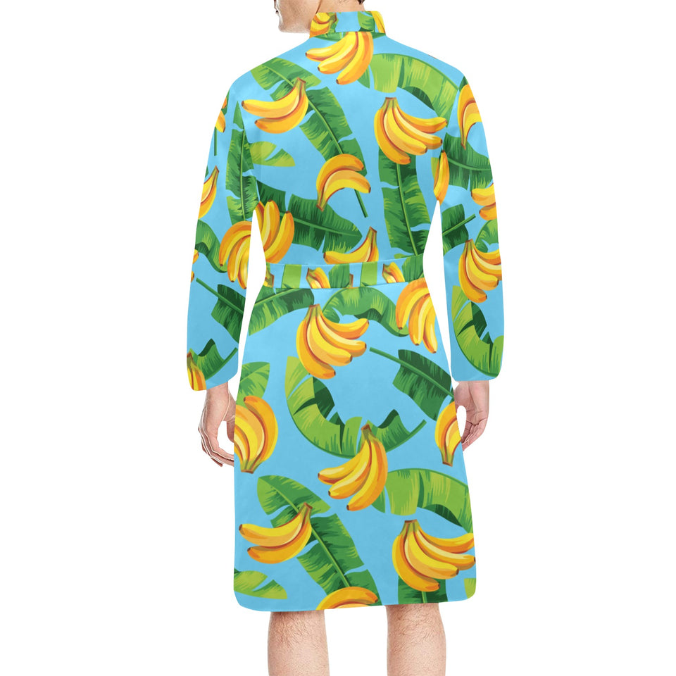banana leaves banana design pattern Men's Long Sleeve Belted Night Robe