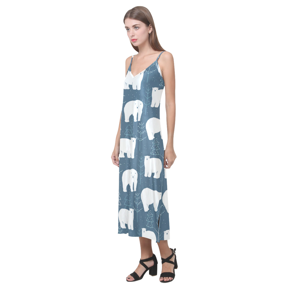 polar bear mother her child pattern V-Neck Open Fork Long Dress