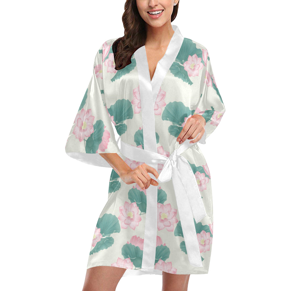 Pink lotus waterlily leaves pattern Women's Short Kimono Robe
