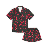 Chili peppers pattern black background Kids' Boys' Girls' V-Neck Short Pajama Set