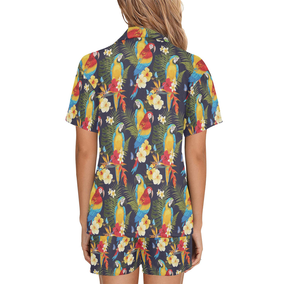 Colorful parrot flower pattern Women's V-Neck Short Pajama Set