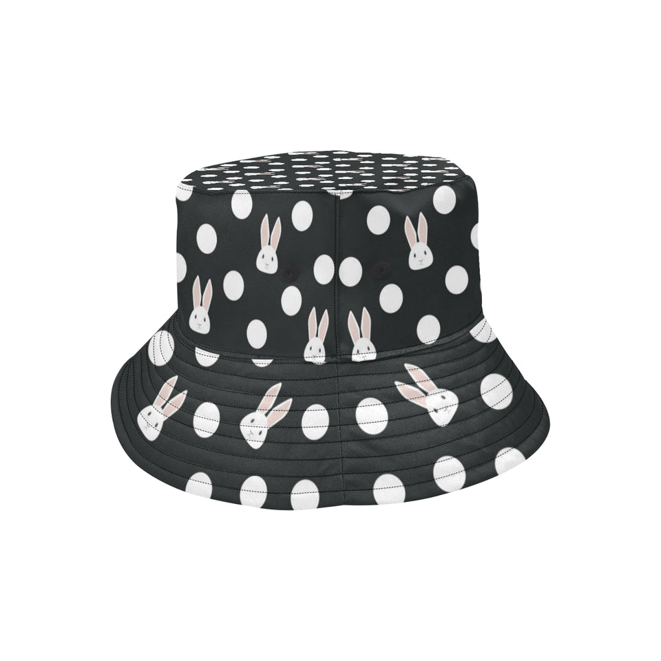 Cute white rabbit polka dots black background Unisex Bucket Hat