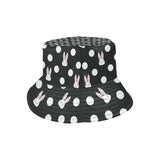 Cute white rabbit polka dots black background Unisex Bucket Hat