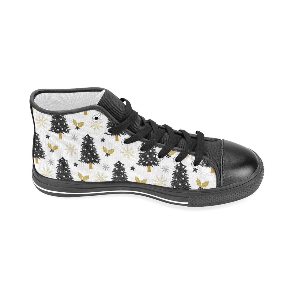 Christmas tree holly snow star pattern Men's High Top Canvas Shoes Black