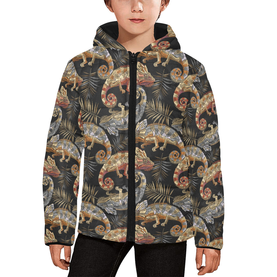 Chameleon lizard tropical leaves palm tree Kids' Boys' Girls' Padded Hooded Jacket