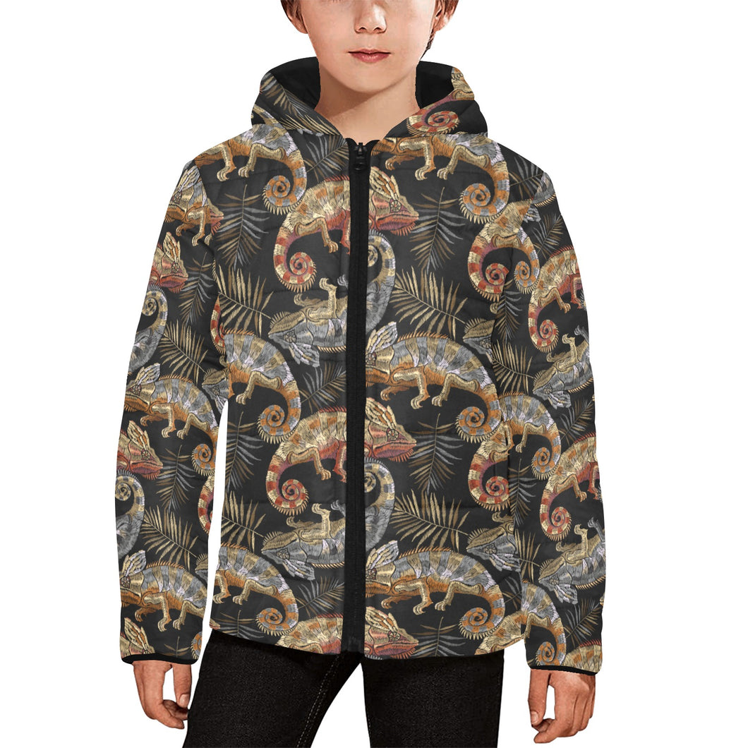 Chameleon lizard tropical leaves palm tree Kids' Boys' Girls' Padded Hooded Jacket