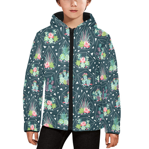 Cactus glass terrarium pattern Kids' Boys' Girls' Padded Hooded Jacket
