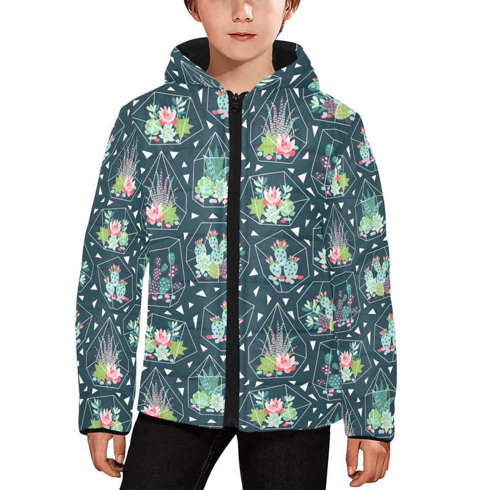 Cactus glass terrarium pattern Kids' Boys' Girls' Padded Hooded Jacket