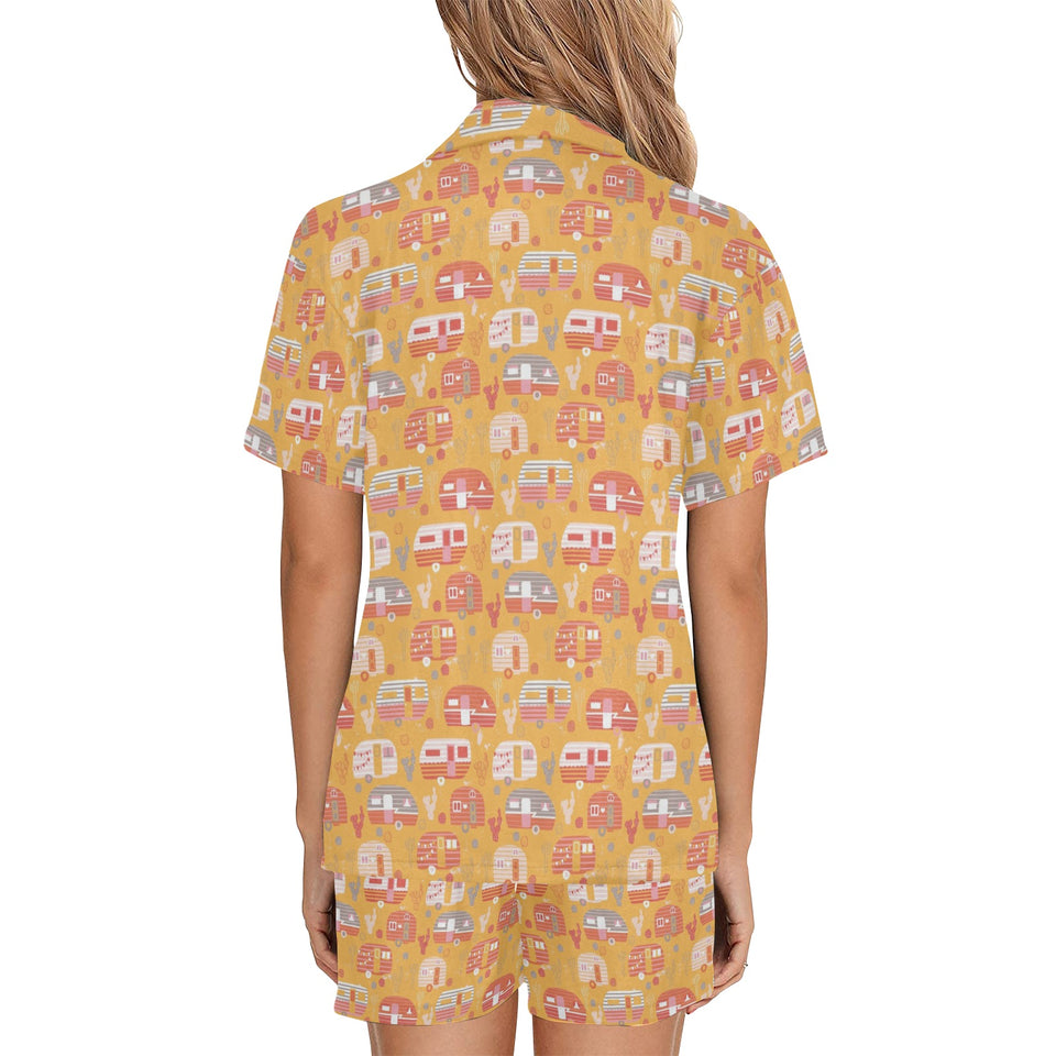 Camper Van Pattern Print Design 04 Women's V-Neck Short Pajama Set