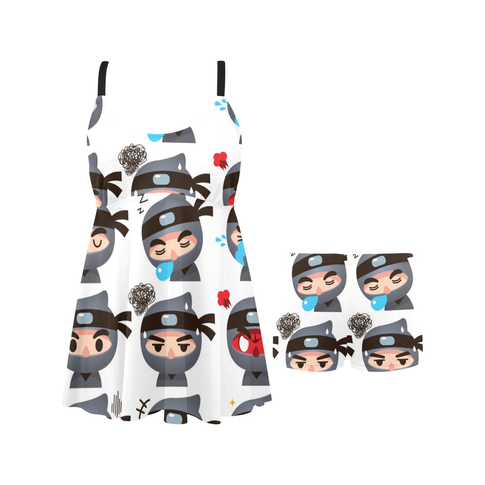 Cute ninja design pattern Chest Sexy Pleated Two Piece Swim Dress