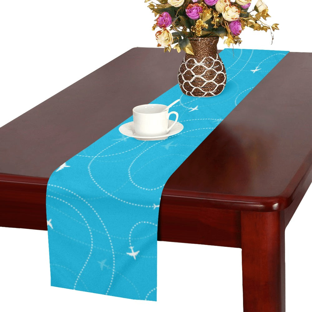 Airplane destinations blue background Table Runner