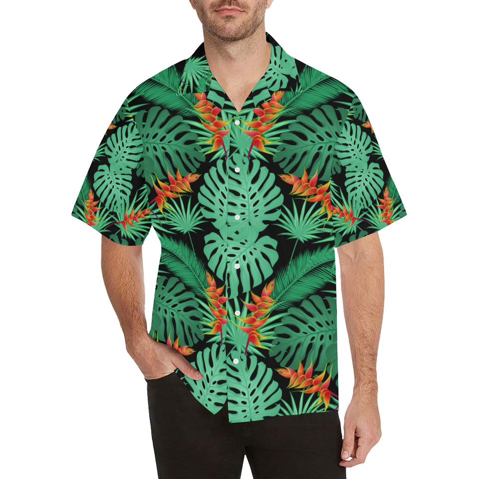 heliconia flower palm monstera leaves black backgr Men's All Over Print Hawaiian Shirt
