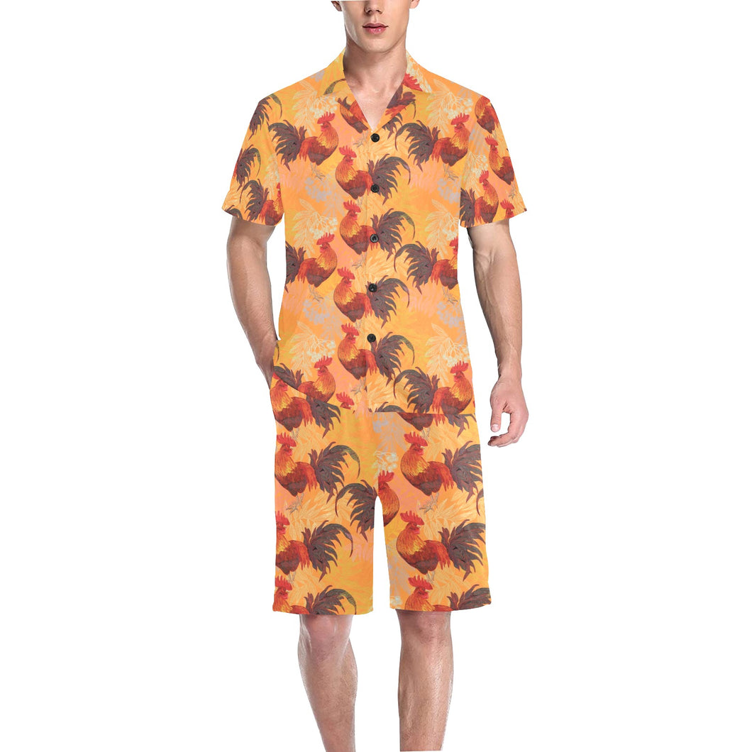 red rooster chicken cock pattern Men's V-Neck Short Pajama Set