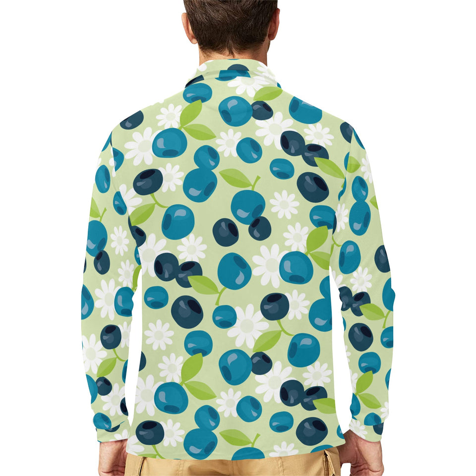 blueberry flower pattern Men's Long Sleeve Polo Shirt