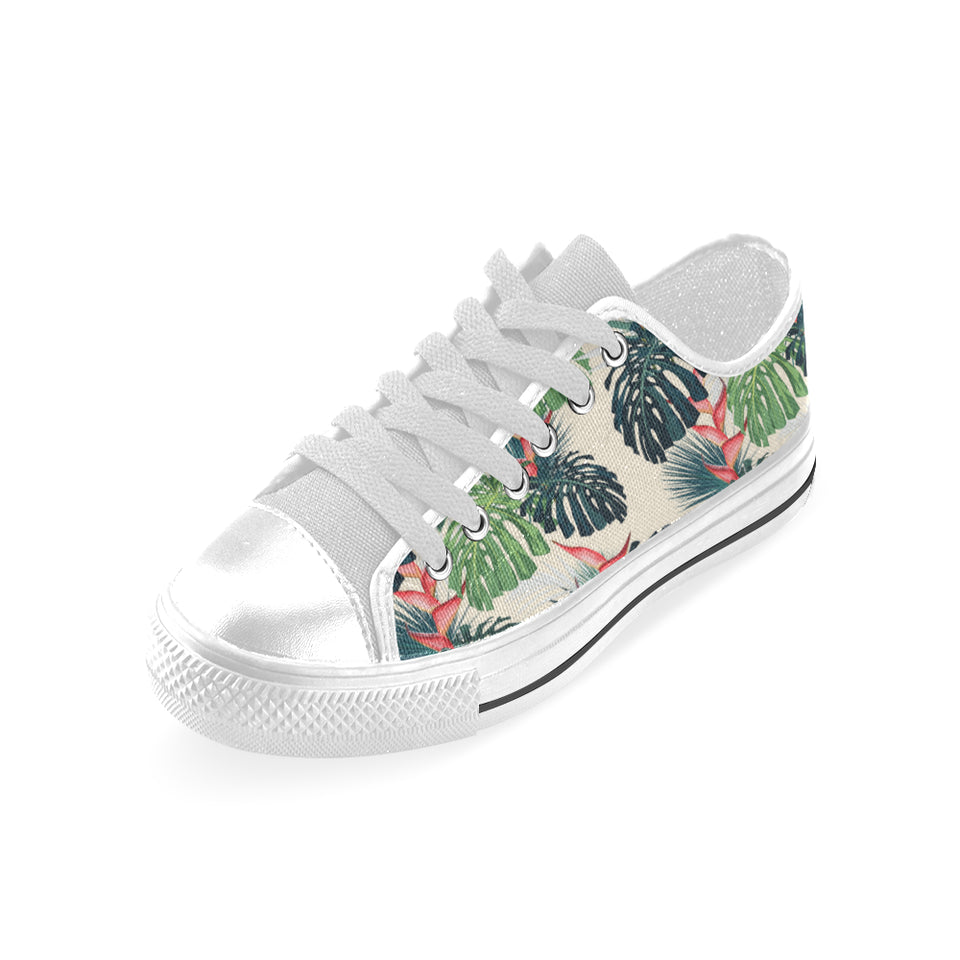 heliconia flowers, palm and monstera leaves Men's Low Top Shoes White
