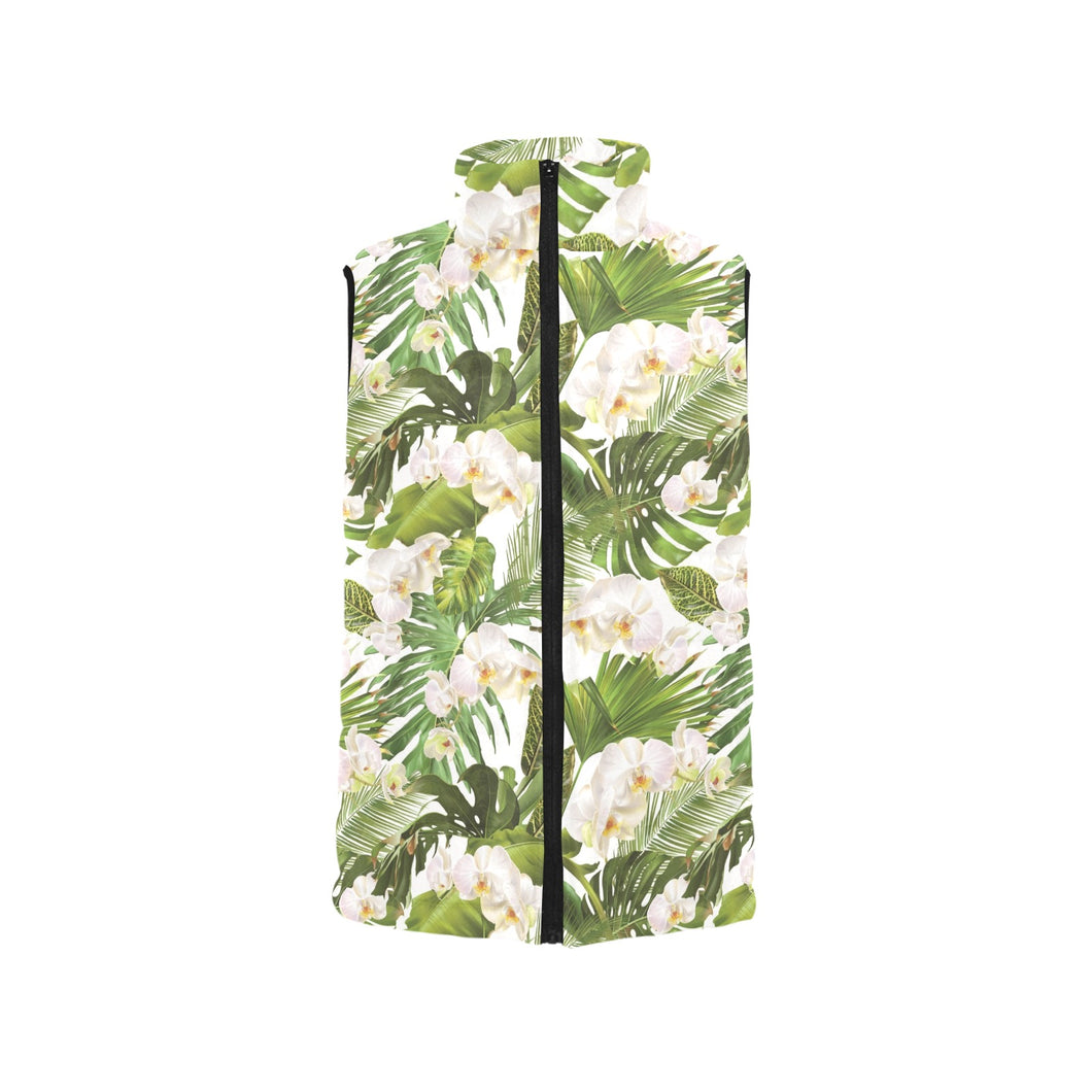 White orchid flower tropical leaves pattern Men's Padded Vest