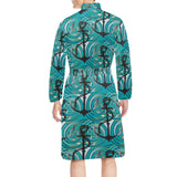 Anchor nautical green background Men's Long Sleeve Belted Night Robe