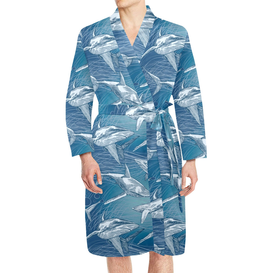 Shark hand drawn Men's Long Sleeve Belted Night Robe