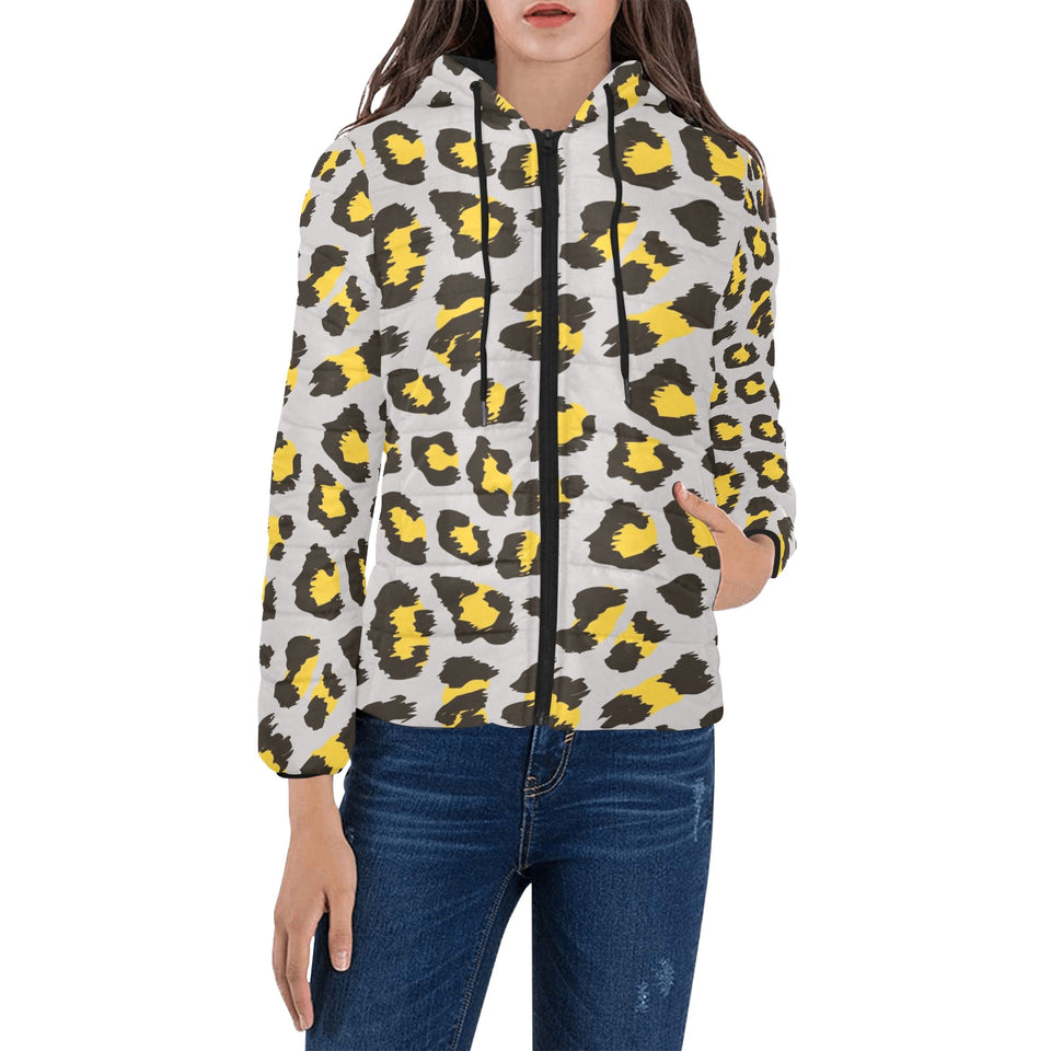 Gray Leopard print pattern Women's Padded Hooded Jacket