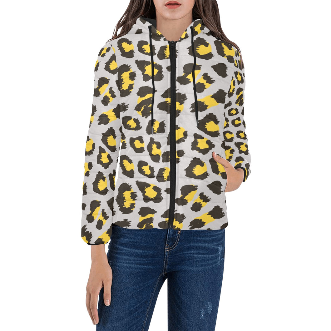 Gray Leopard print pattern Women's Padded Hooded Jacket
