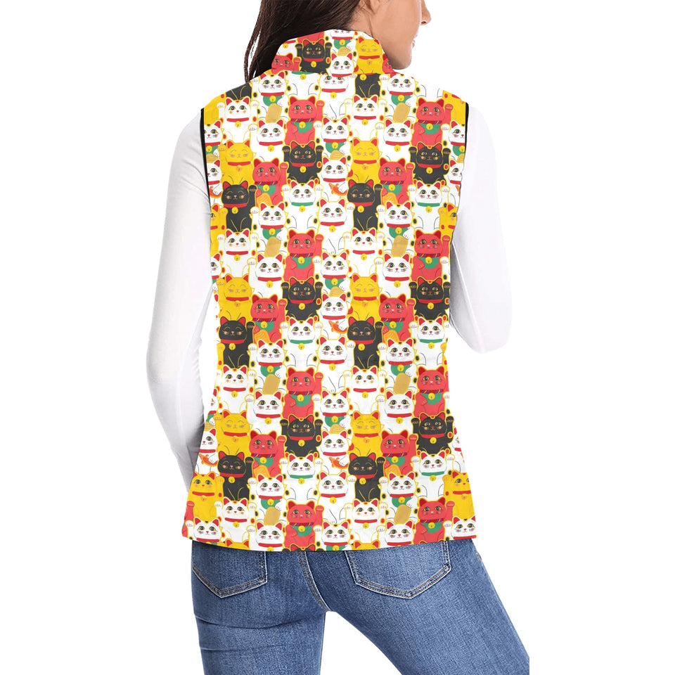 Colorful Maneki neko cat pattern Women's Padded Vest