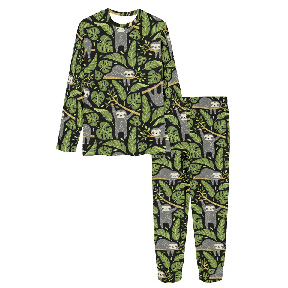 Cute sloths tropical palm leaves black background Women's All Over Print Pajama Set