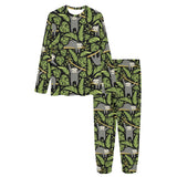 Cute sloths tropical palm leaves black background Women's All Over Print Pajama Set
