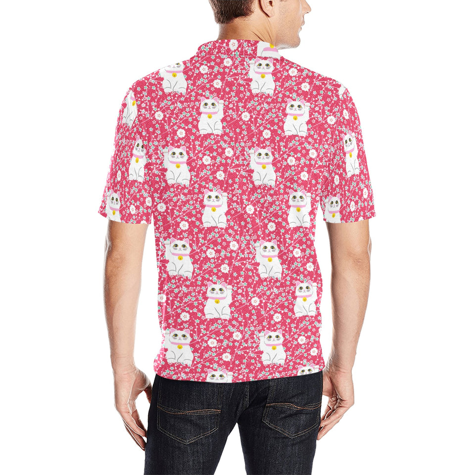 Maneki neko cat sakura pink background Men's All Over Print Polo Shirt