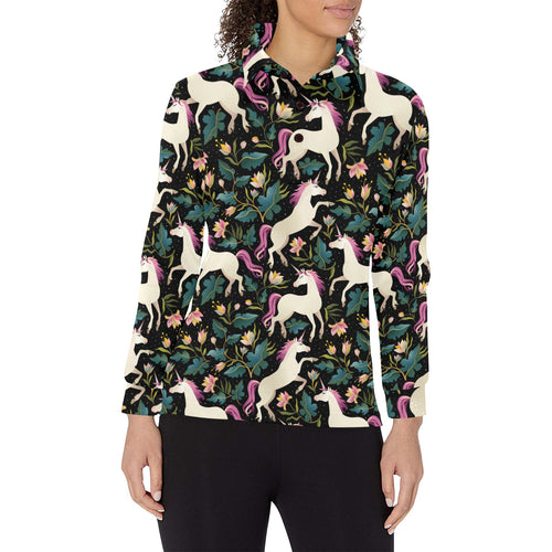 Unicorns forest background Women's Long Sleeve Polo Shirt