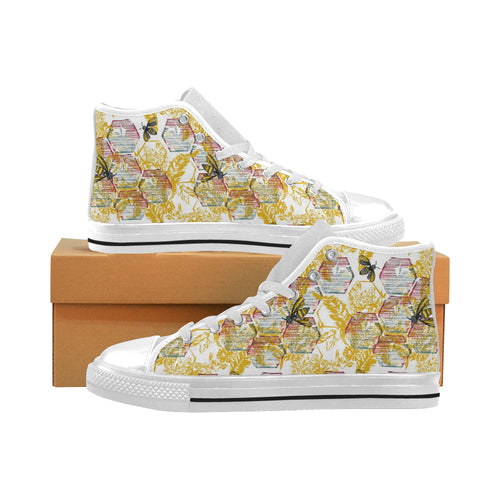 Cool Bee honeycomb leaves pattern Men's High Top Canvas Shoes White