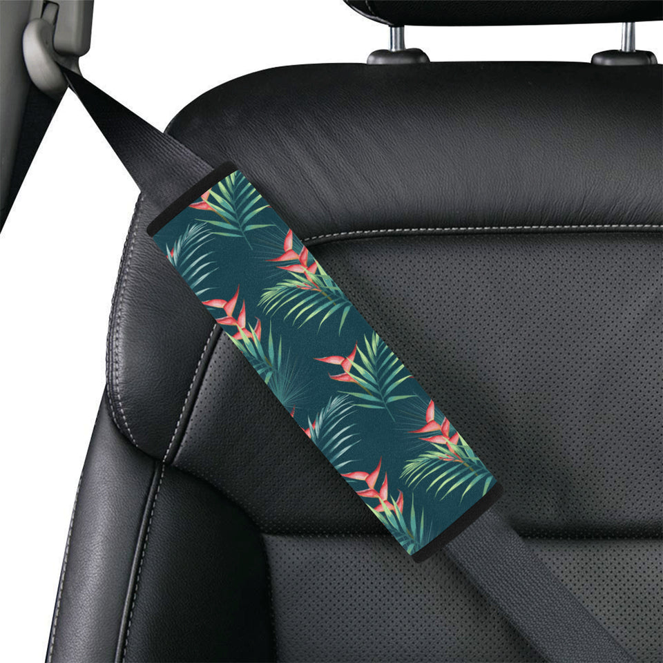 heliconia flowers, palm and monstera leaves on bla Car Seat Belt Cover