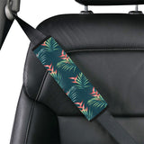 heliconia flowers, palm and monstera leaves on bla Car Seat Belt Cover