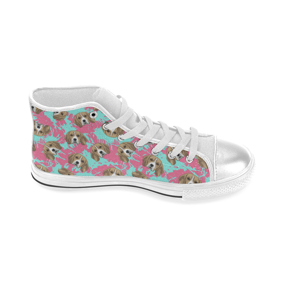 Beagle muzzles turquoise paint splashes pink patte Women's High Top Canvas Shoes White