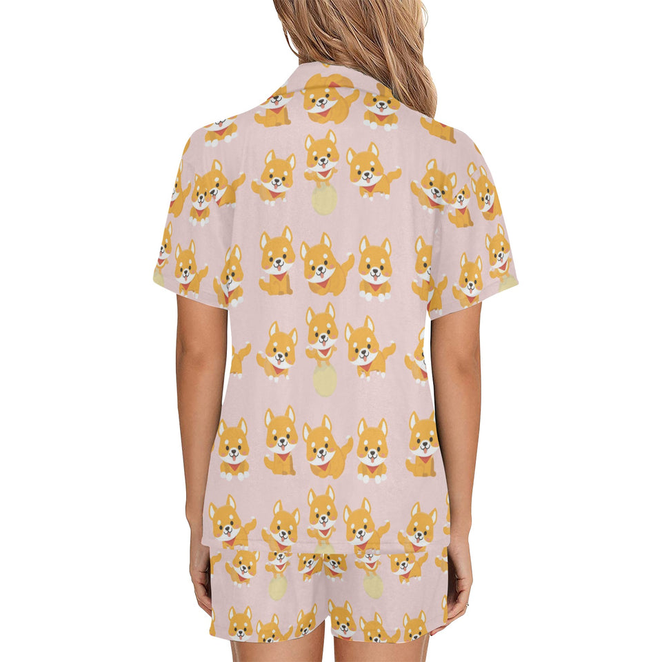 Cute shiba inu dog pattern Women's V-Neck Short Pajama Set