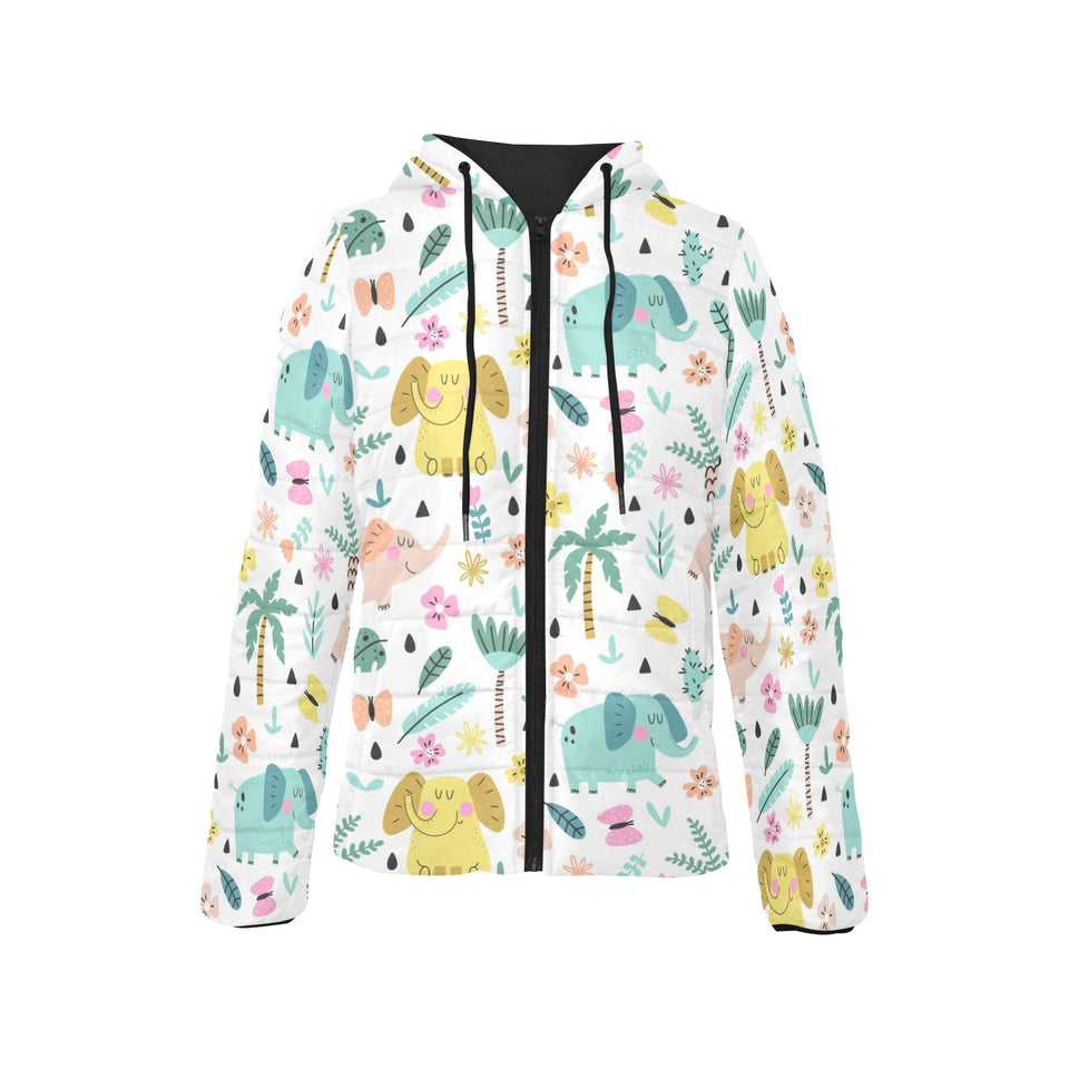 Cute elephants palm tree flower butterfly pattern Women's Padded Hooded Jacket