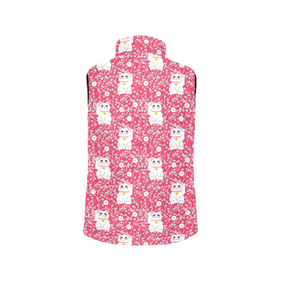 Maneki neko cat sakura pink background Women's Padded Vest
