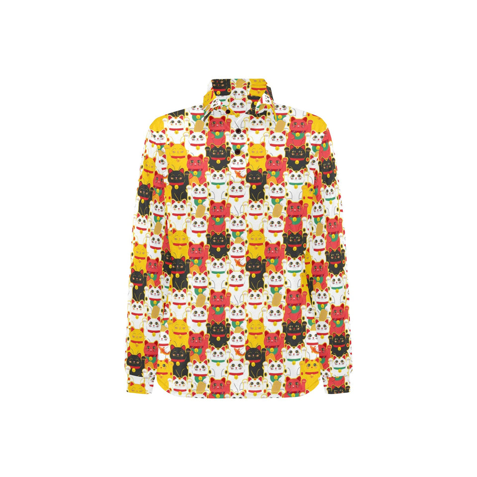 Colorful Maneki neko cat pattern Women's Long Sleeve Polo Shirt