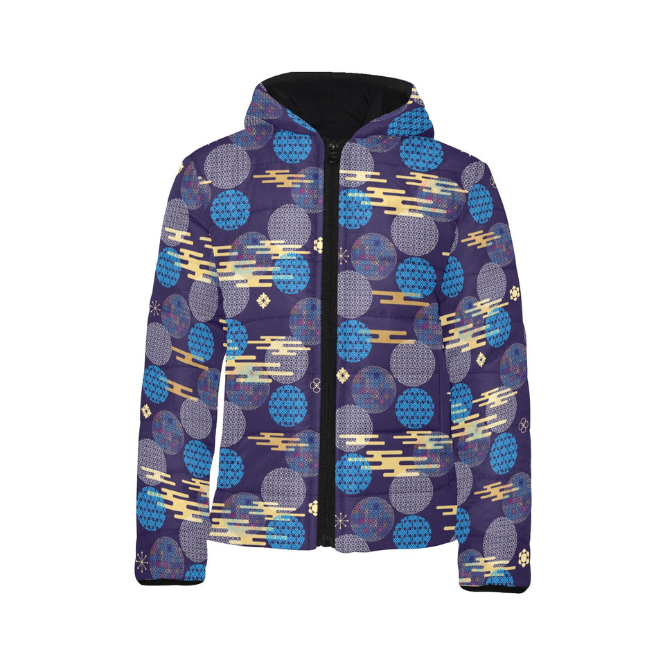 Blue japanese pattern cloud wave flower Kids' Boys' Girls' Padded Hooded Jacket