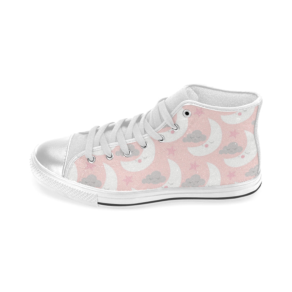 Cute moon cloud star pattern pink dot background Women's High Top Canvas Shoes White