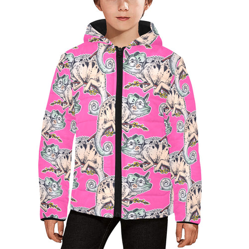 Chameleon lizard pattern pink background Kids' Boys' Girls' Padded Hooded Jacket