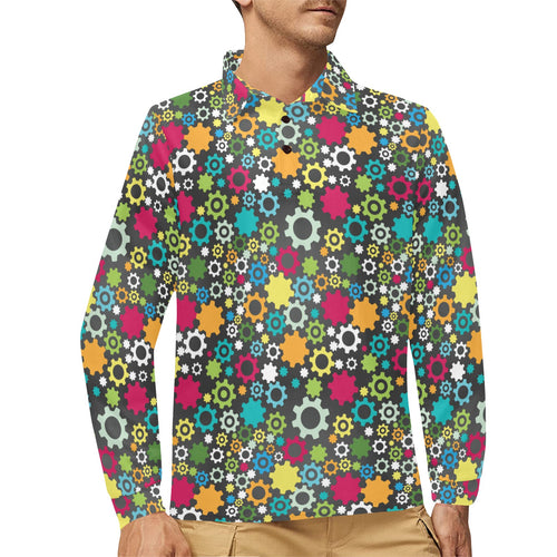 Gear Pattern Print Design 03 Men's Long Sleeve Polo Shirt