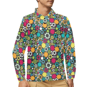 Gear Pattern Print Design 03 Men's Long Sleeve Polo Shirt