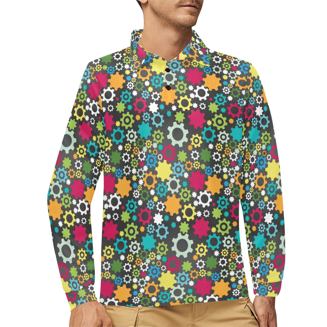 Gear Pattern Print Design 03 Men's Long Sleeve Polo Shirt