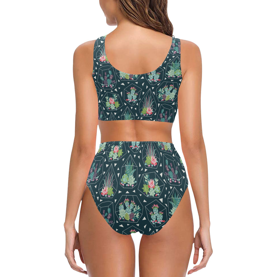Cactus glass terrarium pattern Chest Bowknot High Waisted Bikini Swimsuit