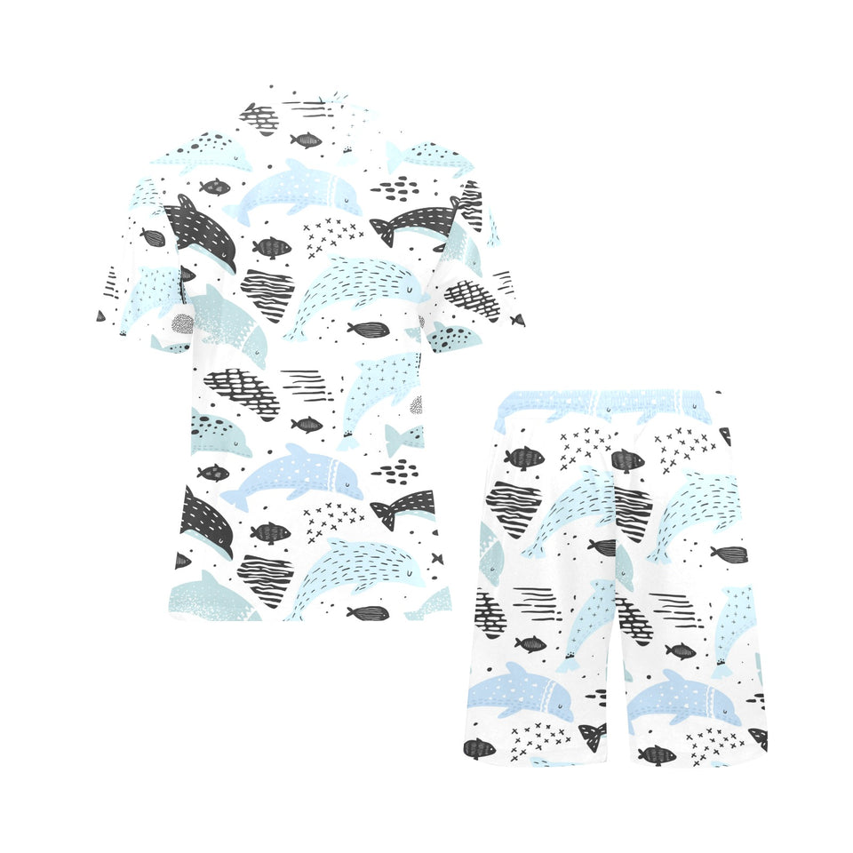 Cute dolphins Childish Style pattern Men's V-Neck Short Pajama Set